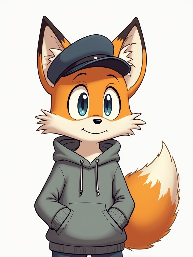 Character design of a fox wearing a peaked cap and hoodie. No background included. The character has a friendly expression with a fluffy tail.