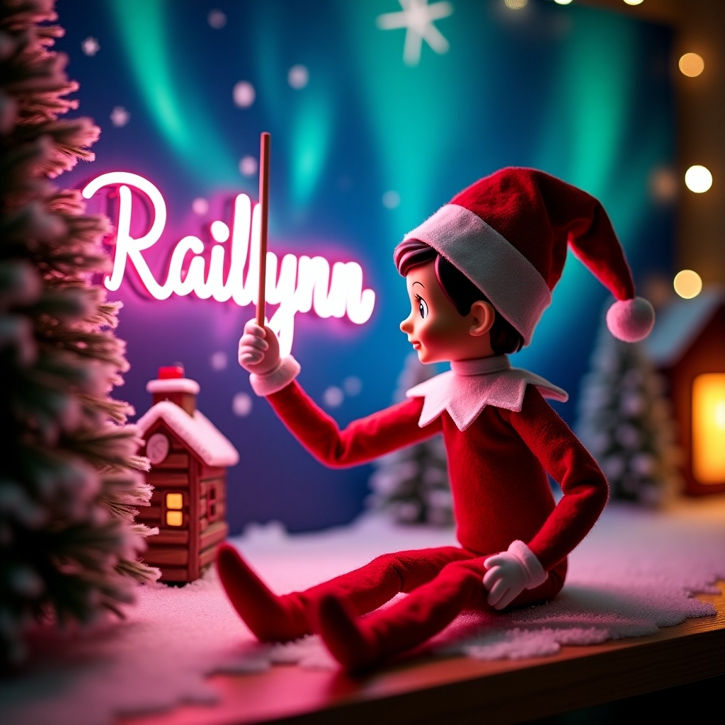 A Christmas scene with an elf on the shelf. The elf is in red and white clothing. The elf holds a magic wand and writes the name Railynn in pink glow. The background has vibrant northern lights and a log cabin nearby. The scene captures holiday joy and magic.