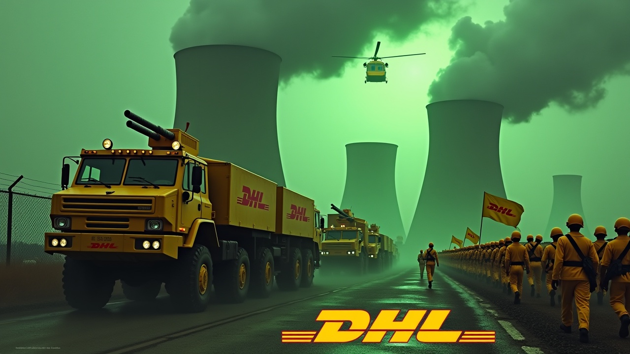 In a dramatic scene, several large yellow armored trucks equipped with roof-mounted cannons drive toward a fence, prominently displaying the DHL logo on their sides. Nearby, soldiers in yellow uniforms march in unison, some armed with rifles, while one holds a flag bearing the DHL logo. In the background, smokestacks of a glowing green nuclear power plant loom ominously, contributing to the atmosphere of tension. The sky above is drenched in an eerie green glow, heightening the scene's intensity. Above, a large yellow Chinook CH-47 cargo helicopter flies, adding to the dramatic effect. The lower part of the image boldly showcases the DHL logo in vibrant yellow text.