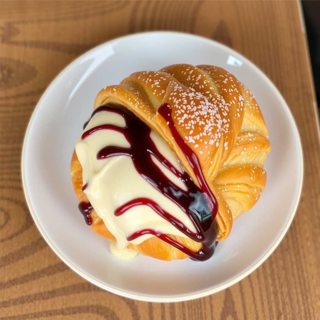 A pastry topped with creamy white icing and a drizzle of red sauce on a white plate.