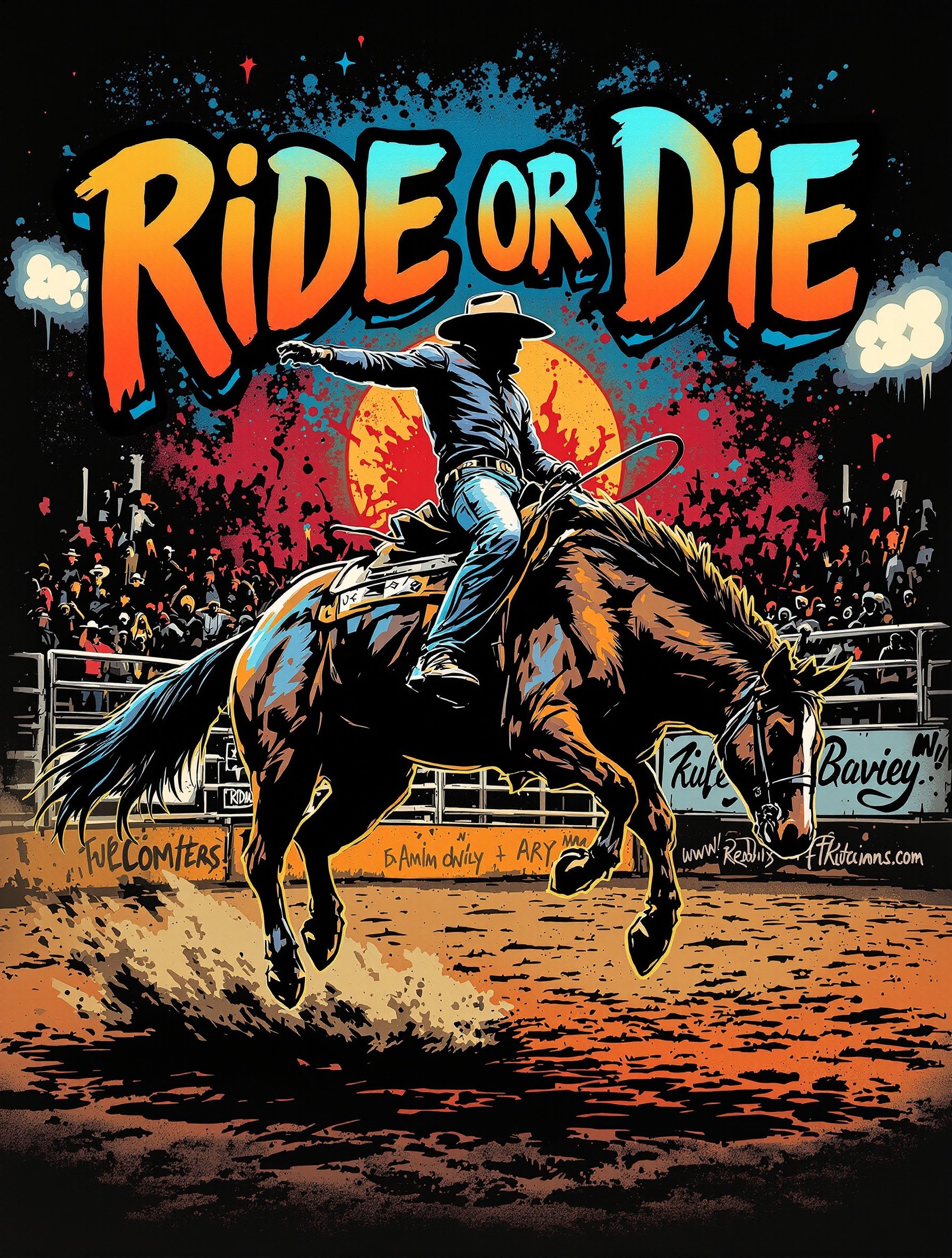 Dynamic action scene of a rodeo rider on a bronco. Bold graffiti style. Bright colors with a cheering crowd background. The words 'Ride or Die' featured prominently. Theme centered around the excitement and thrill of rodeo life.