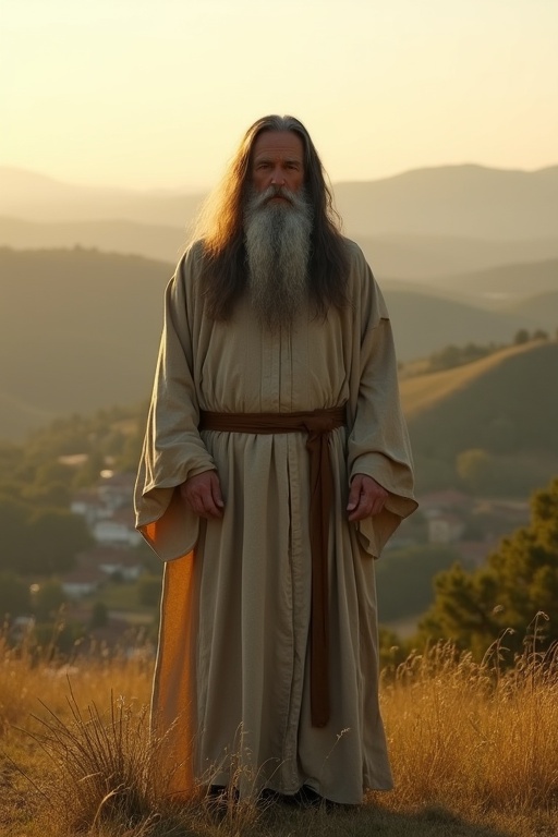 An ascetic priest dressed in a natural ceremonial robe stands calmly on a hill. Long grey hair and beard contrast with the soft hues of the sunset. Surrounding hills and valley offer a peaceful southern France backdrop.