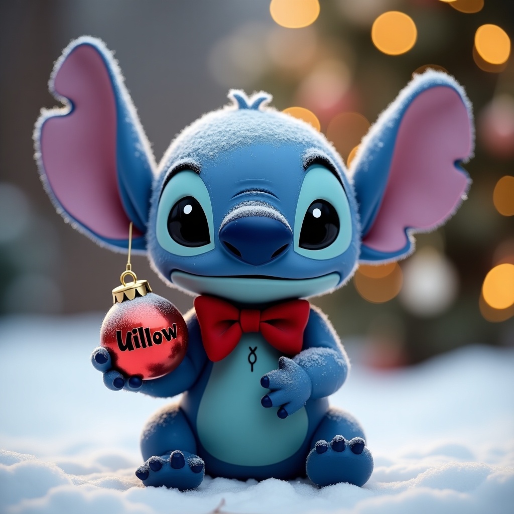 A cute character resembling Stitch from Disney. Character is blue with large ears and a bow tie. Holding a Christmas bauble with the name Willow. Photo is sized to fit as phone wallpaper.