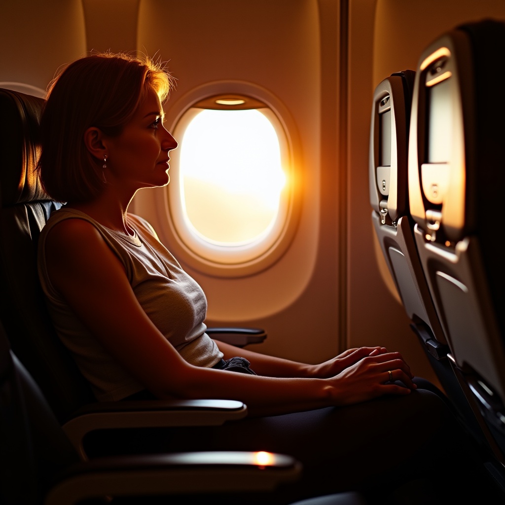 A person sits comfortably by the window of an airplane. Warm sunlight bathes the scene. The atmosphere is cozy and inviting. The view shows the airplane interior with empty seats beside the passenger.