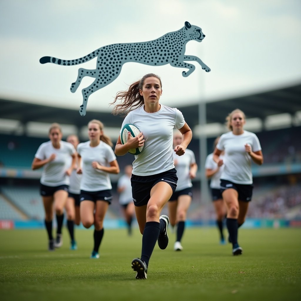 The image shows a rugby field stadium filled with energy. A team of female players, all dressed in matching white t-shirts and black sports shorts, runs energetically towards the camera. In the forefront, one player is prominently holding a rugby ball as she charges forward. Above her, a ghost-like silhouette of a running cheetah adds an element of motion and speed. All players, including the central figure, are clearly visible from the front, emphasizing their determination and teamwork.