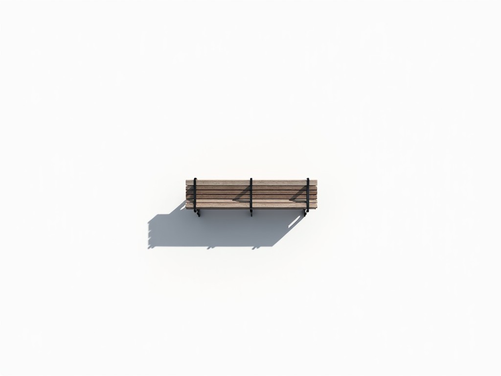 This image showcases an aerial view of a park bench set against a minimalist white background. The bench is placed forward of the camera, emphasizing its design and positioning. A long, high-contrast shadow extends horizontally from the bench to the left of the image. The contrast between the shadow and the white background is striking and clearly defined. This composition highlights the simplicity and elegance of the park bench in a modern context.