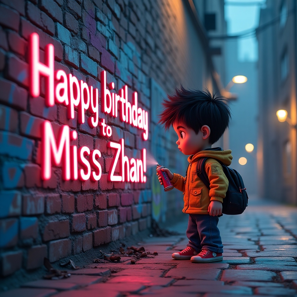 3D render illustration of a young boy graffitiing a brick wall. Boy holds a spray can spraying the words 'Happy birthday to Miss Zhan!'. Urban backdrop with dim streetlights. Scene is vibrant and energetic.