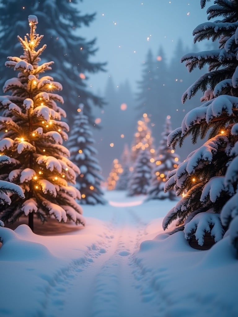 Winter background scene with tall snowy trees. Lights glow warmly on the trees. Snow covers the ground beneath. The atmosphere feels magical and inviting. Background is blurred and soft to enhance the winter mood.