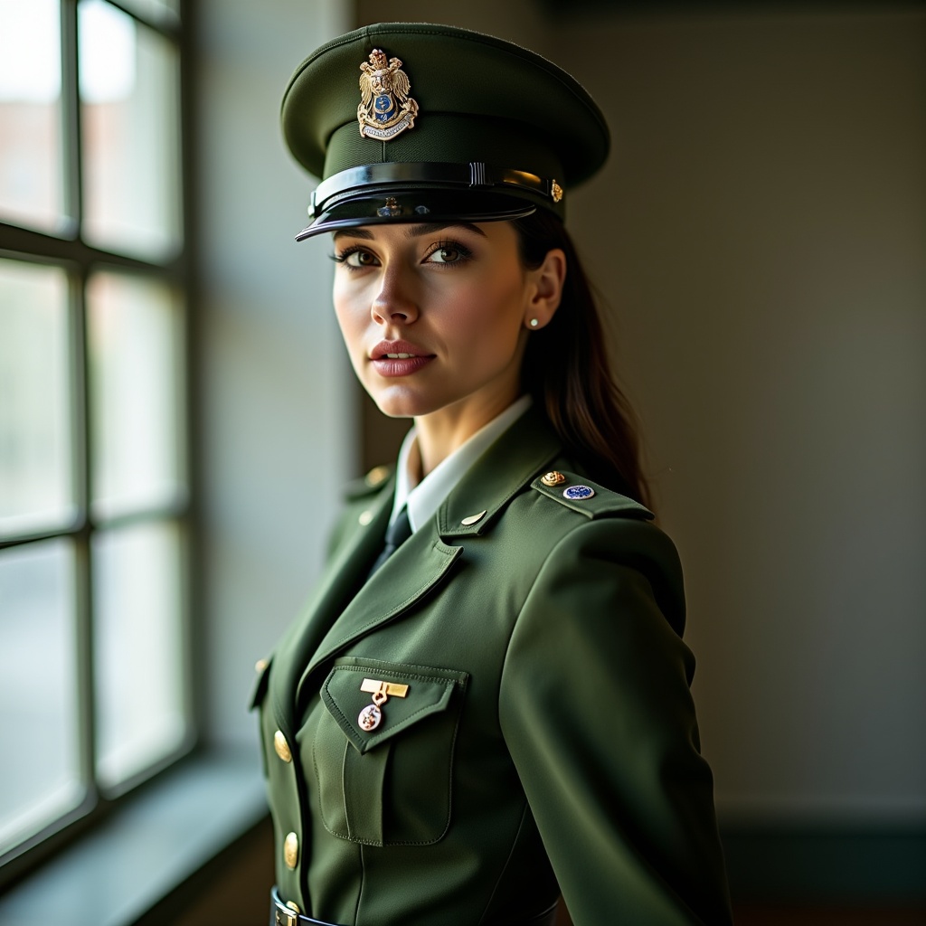 Military-style uniform worn by a woman indoors near a window. Blend of authority and style captured in the image.