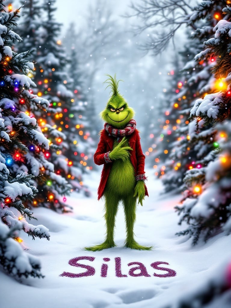 The Grinch is outside in the snow. Christmas trees surround him decorated with lights. The Grinch is writing the name Silas in the snow.