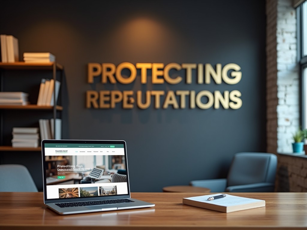 An elegant office space with a focus on a modern laptop displaying a professional legal website. The wall behind the laptop features the slogan 'Protecting Reputations' in large gold letters. The setting has cozy, ambient lighting lending a warm feel to the workspace. A notebook and pen sit on the table next to the laptop. Bookshelves in the background add to the scholarly impression, making it an ideal visual representation for a legal website.