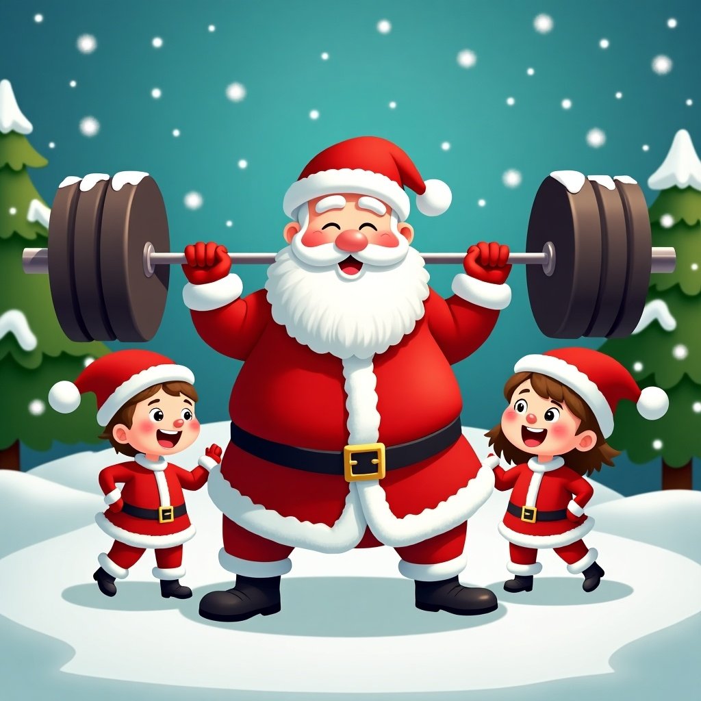 Animated image of Santa lifting a heavy barbell with children in colorful costumes. Festive background features Christmas trees and snowflakes. Energetic holiday theme combined with joy and celebration.