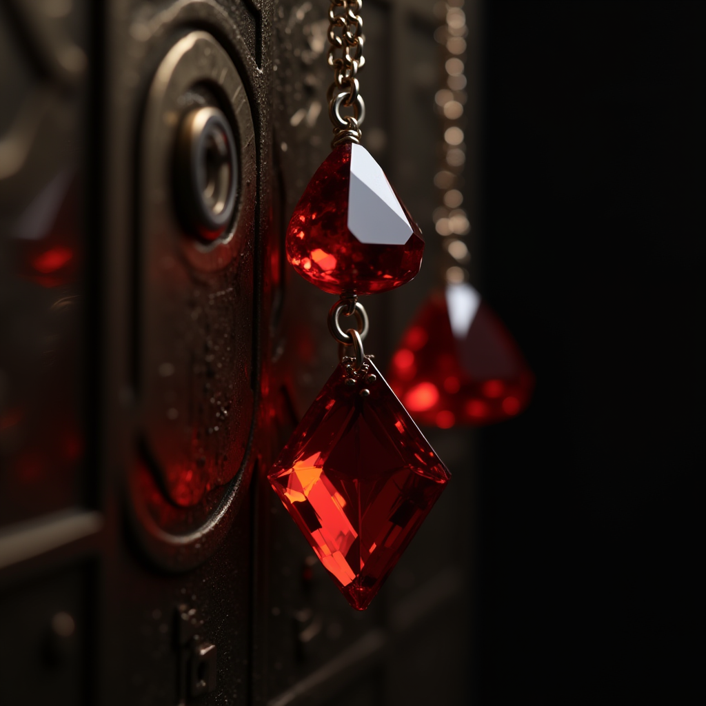 A close-up view of a pair of ornate red crystal earrings against a dark, textured backdrop.