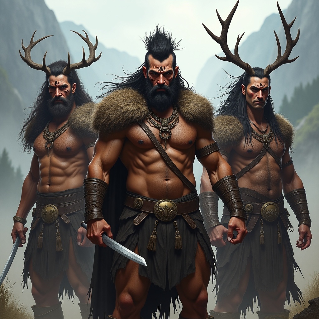 Portraits of muscular barbarian warriors with antler headdresses. Strong physique with fur and leather armor. Fierce expressions. Dramatic mountainous background.