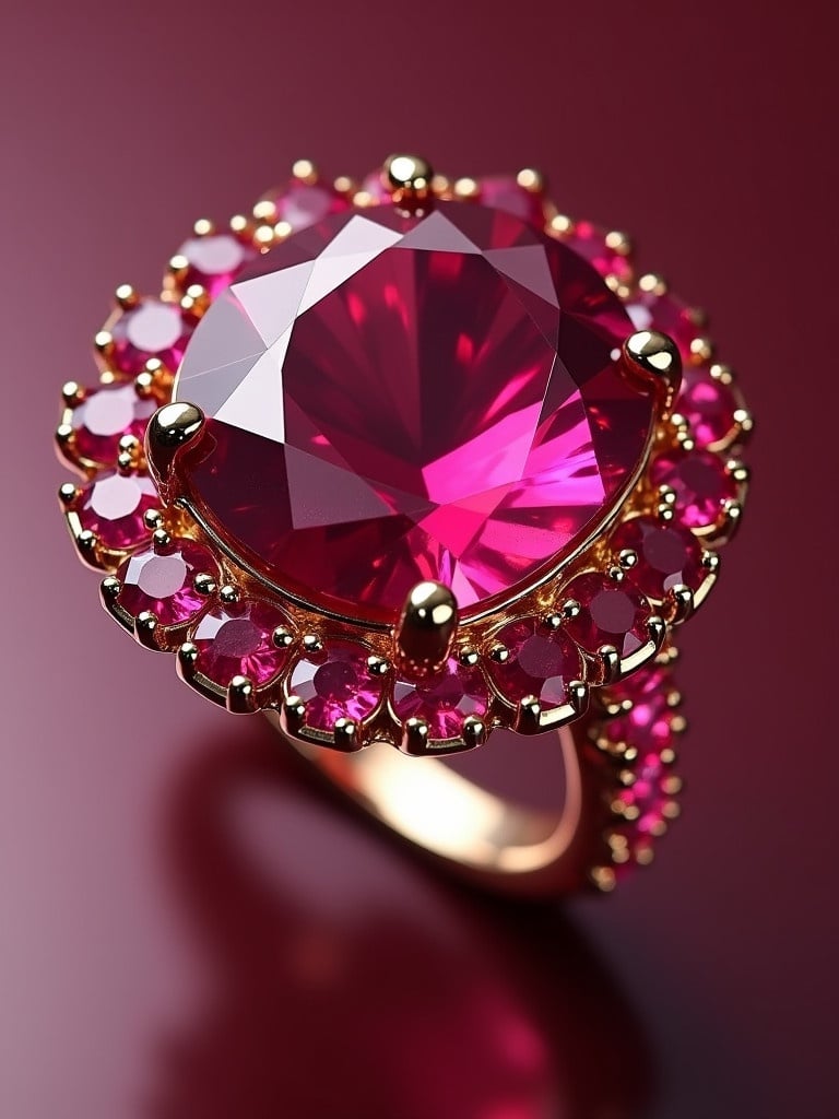 A ruby ring features a large central ruby gemstone surrounded by smaller ruby stones in a circular design. The setting is embellished with gold accents that enhance the ring's elegance.