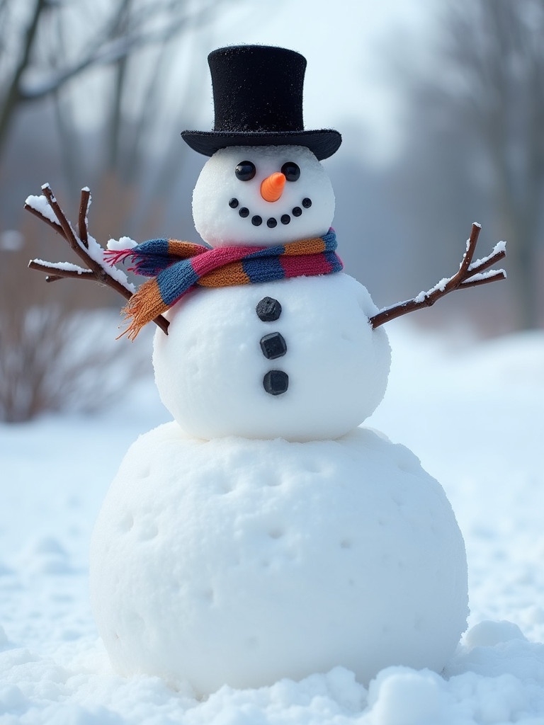 Snowman stands in a winter landscape. Three snowballs form the body. Black top hat is worn. Colorful scarf wraps around neck. Coal pieces make eyes. Carrot is the nose. Pebbles create a smile. Snowy background complements the setting.