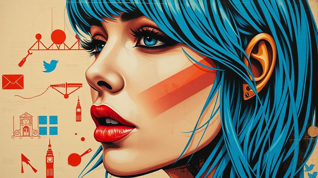 A vibrant pop art portrait of a woman with blue hair and red lips, surrounded by various digital and iconic symbols.