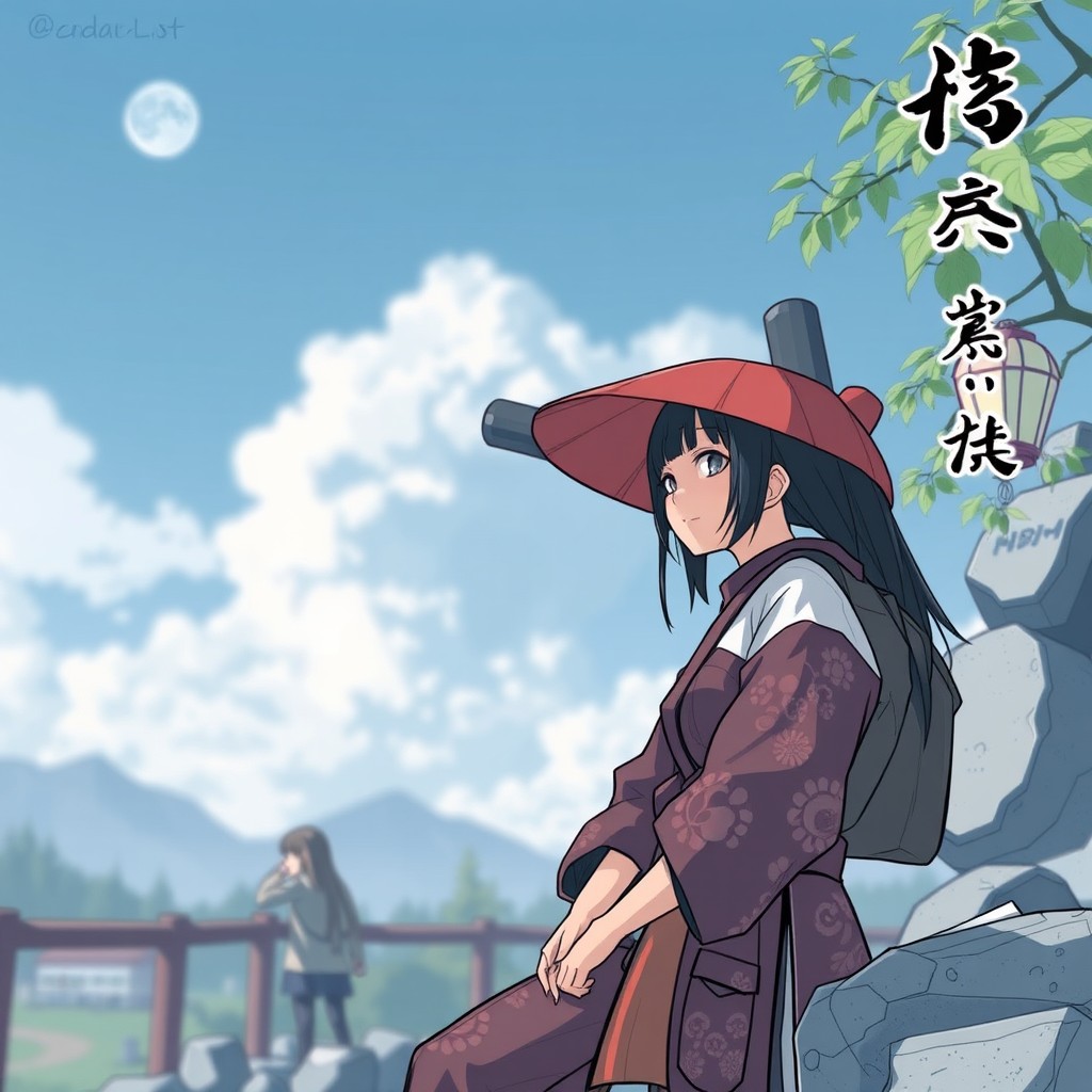 An anime character in samurai attire gazes thoughtfully under a bright blue sky with fluffy clouds.