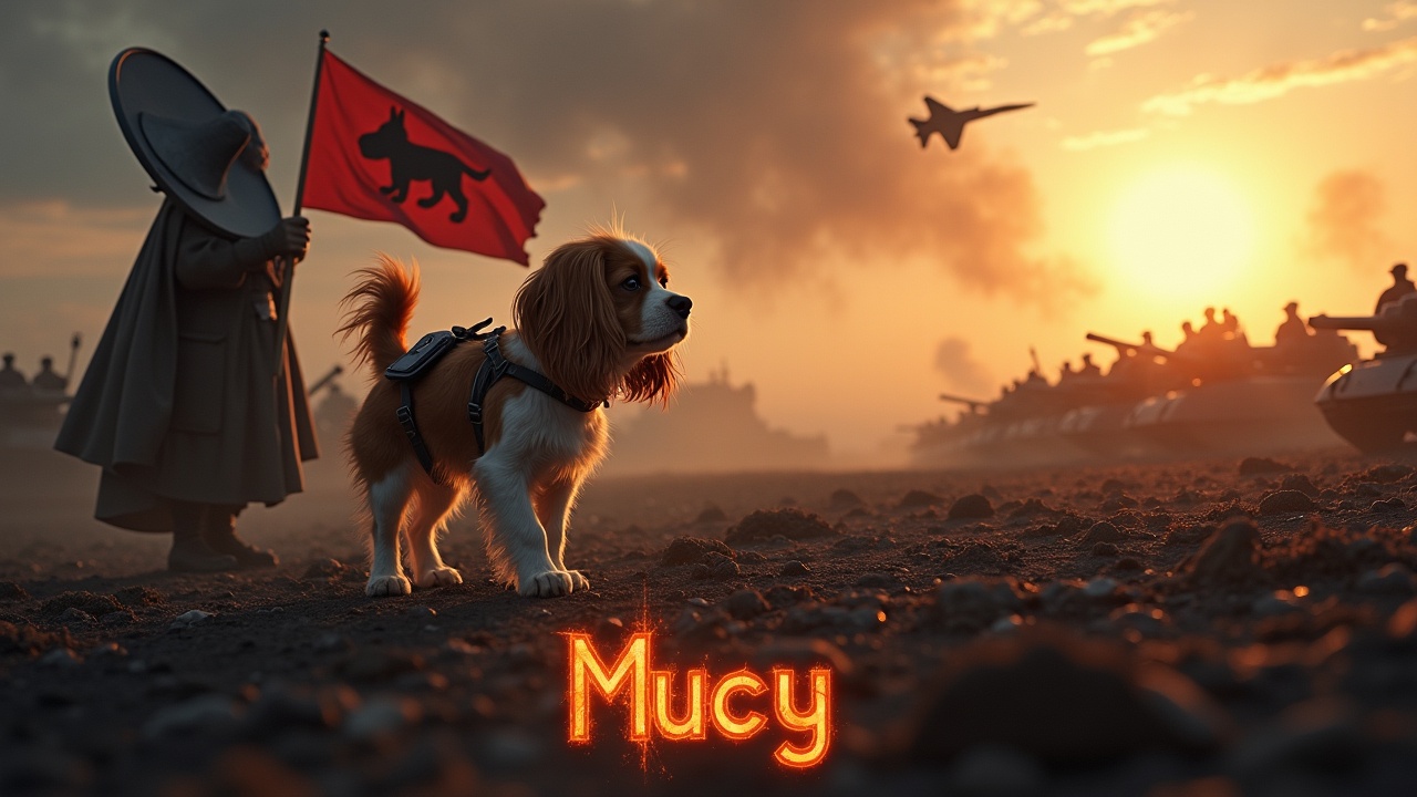 In a dramatic and awe-inspiring scene, a fluffy brown and white cavalier king charles spaniel walks across a dark, desolate battlefield. The dog has a radar dish strapped to its back, showcasing its unique purpose. Nearby, a figure in a cloak stands valiantly, holding a flag that bears a striking dog emblem. In the background, a multitude of small soldiers can be seen holding rifles, alongside tanks that blend into the shadows. The sky is electrified by the warm glow of the sunset, enhancing the epic atmosphere. Above, a jet fighter zooms past, adding to the tension of the scene. At the bottom of the image, the title 'Mucy' is boldly displayed in fiery lettering.