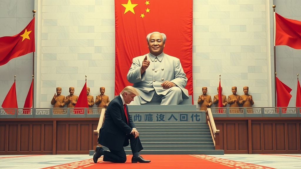 A kneeling figure in a grand hall with a large statue and red flags.