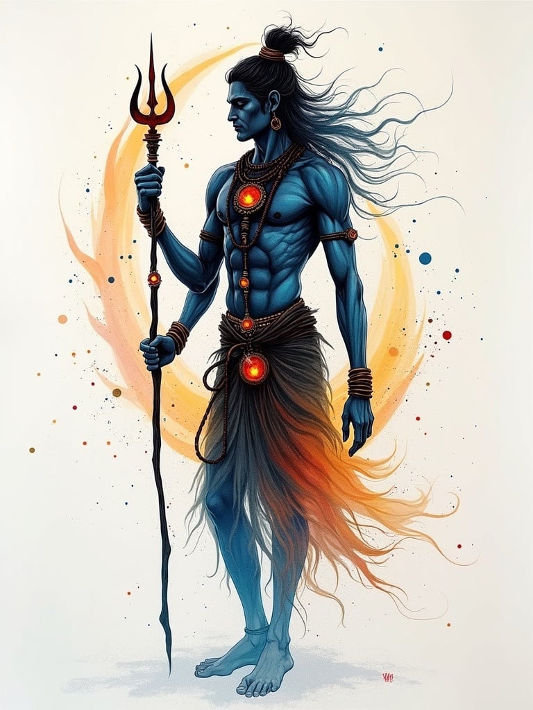 Mahadev depicted as a strong figure wearing traditional attire. The background features abstract designs with swirling colors. The figure holds a trident and is adorned with jewelry. The overall impression evokes strength and spirituality.