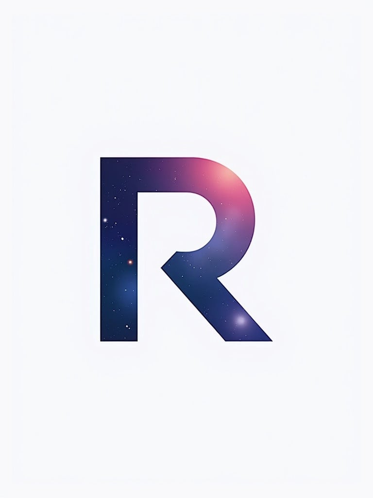 Logo featuring the letter R in galaxy gradient colors. Minimalistic style represents innovation. Design emphasizes connection and flexibility. Features deep blues and pink tones with a clean finish.