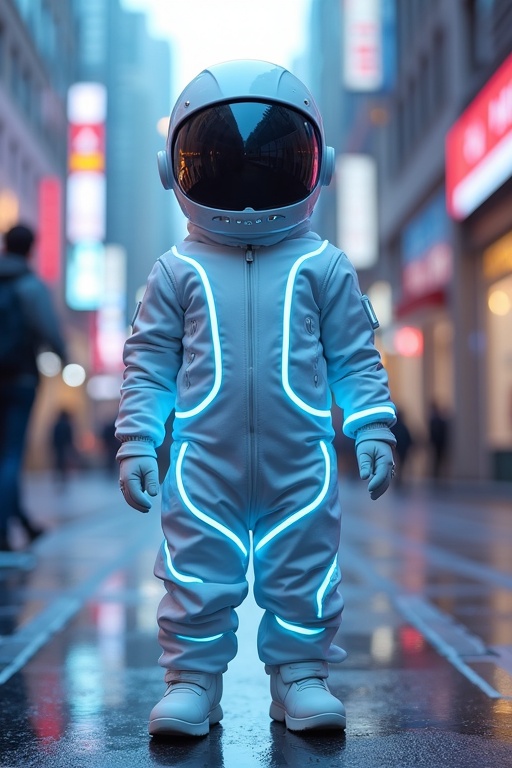 A boy wearing a glossy white astronaut suit with blue neon lines standing in a futuristic city street