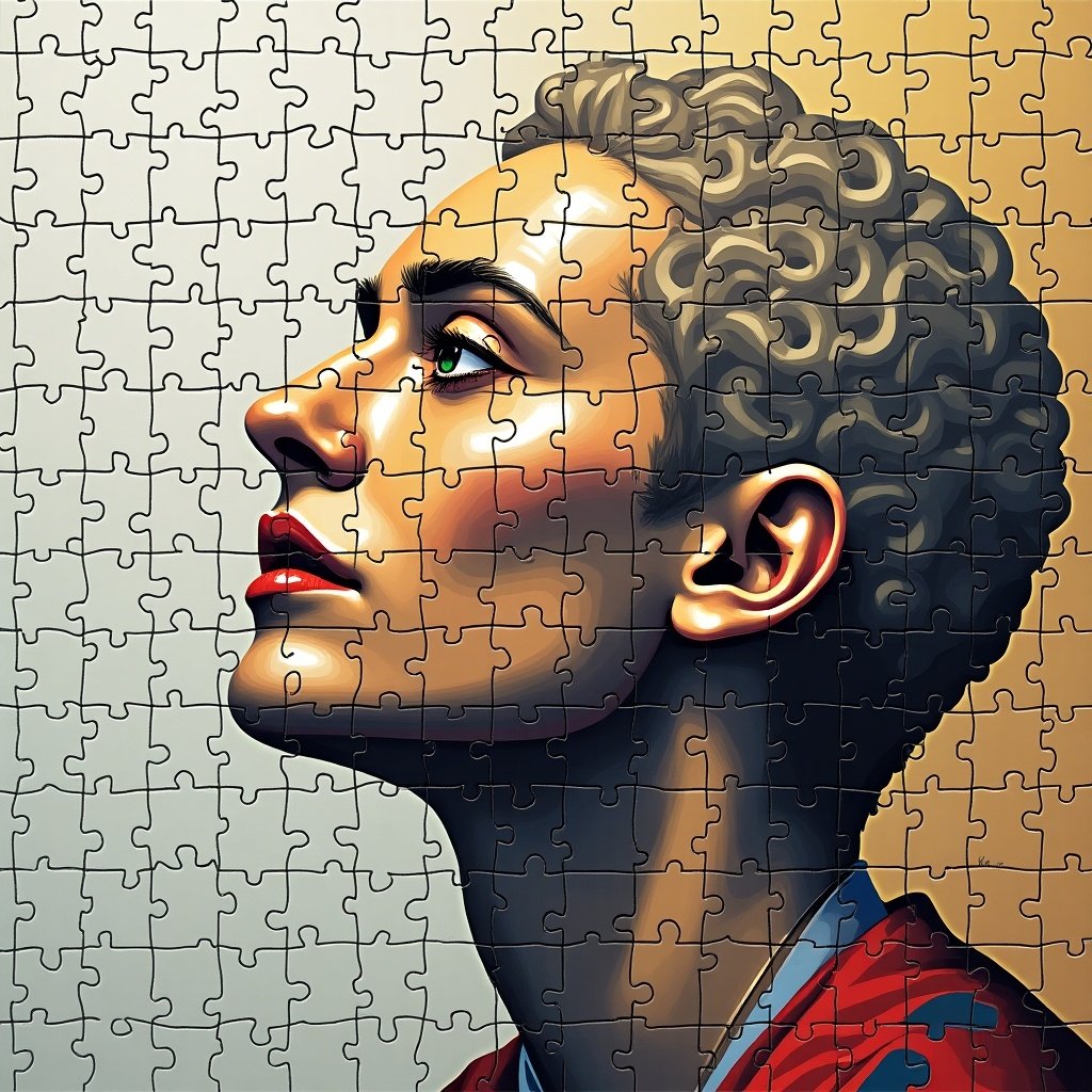 Image consists of an artistic representation of a puzzle fragmented into small squares. The focus is on a silhouette of a person set against a gradient background.