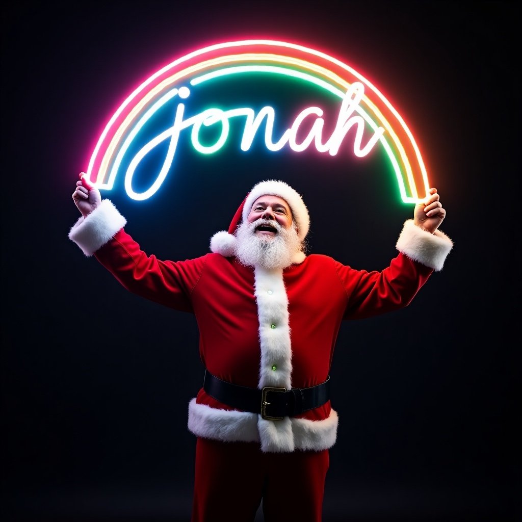 Image features Santa Claus in a red suit. He holds a rainbow with the name jonah in neon colors. Dark background emphasizes bright lights. Captures holiday spirit and excitement.