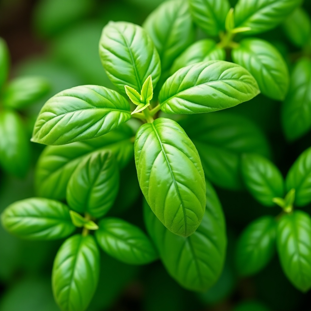 Close-up of fresh basil leaves. Healthy green foliage. Ideal for culinary and gardening discussions.