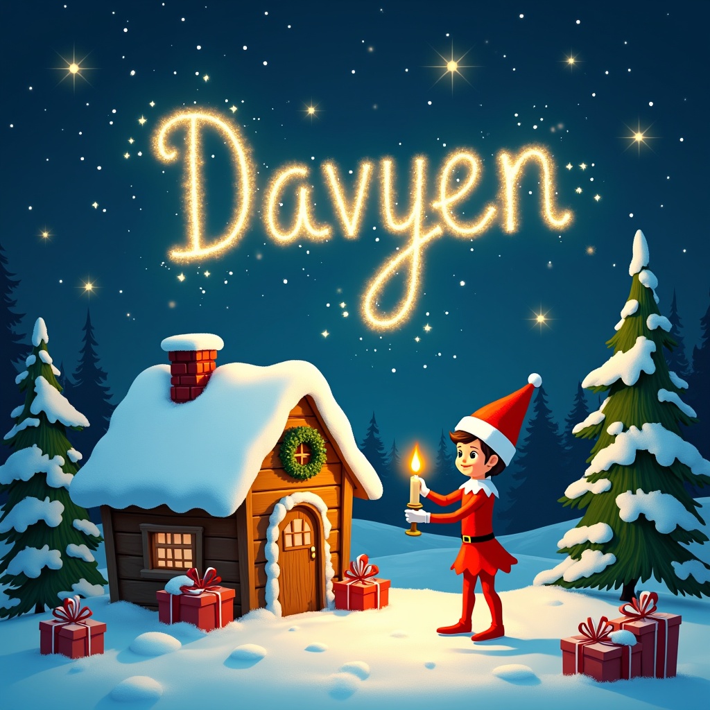 The image depicts a magical Christmas scene featuring an elf on the shelf writing 'Davyen' in sparkling light in the night sky. The setting includes a cozy cottage adorned with snowy rooftops and gifts at its door. Surrounding the cottage are snow-draped evergreen trees, creating a winter wonderland atmosphere. The elf, dressed in a bright red outfit and a matching hat, stands proudly holding a glowing candle, adding warmth to the scene. Stars twinkle brightly against the dark blue sky, enhancing the enchanting feel of this holiday moment.