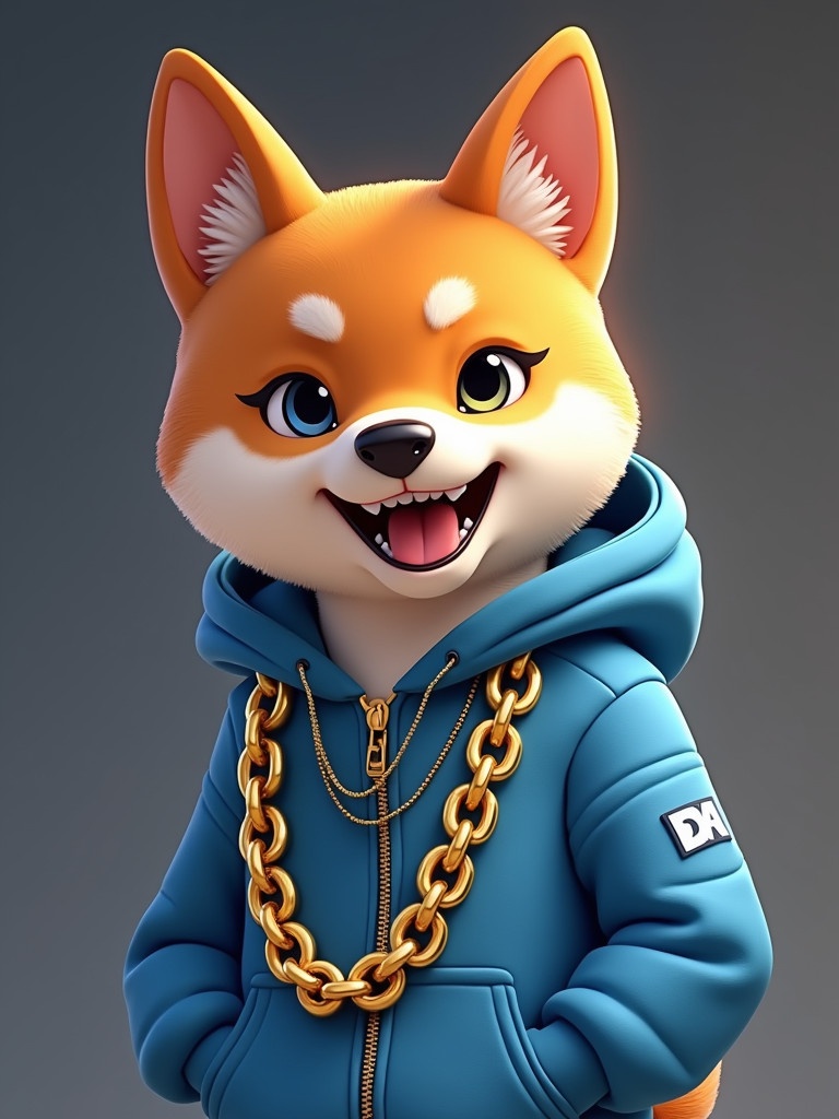 Animated Shiba dog character. Dressed in hip hop blue hoodie. Showcasing golden chains and shiny teeth. Fun and playful expression. Engaging and modern design. Popular culture influence. Minimalist background to enhance character.