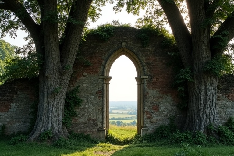 Archaic ruined wall with a double arched window flanked by large box trees. The ruin is covered in wild vines and moss. Weathered stones are missing in places. A wide plain with fields is visible through the window. It is evening in late summer with sunlight illuminating the top of the wall and tree leaves.