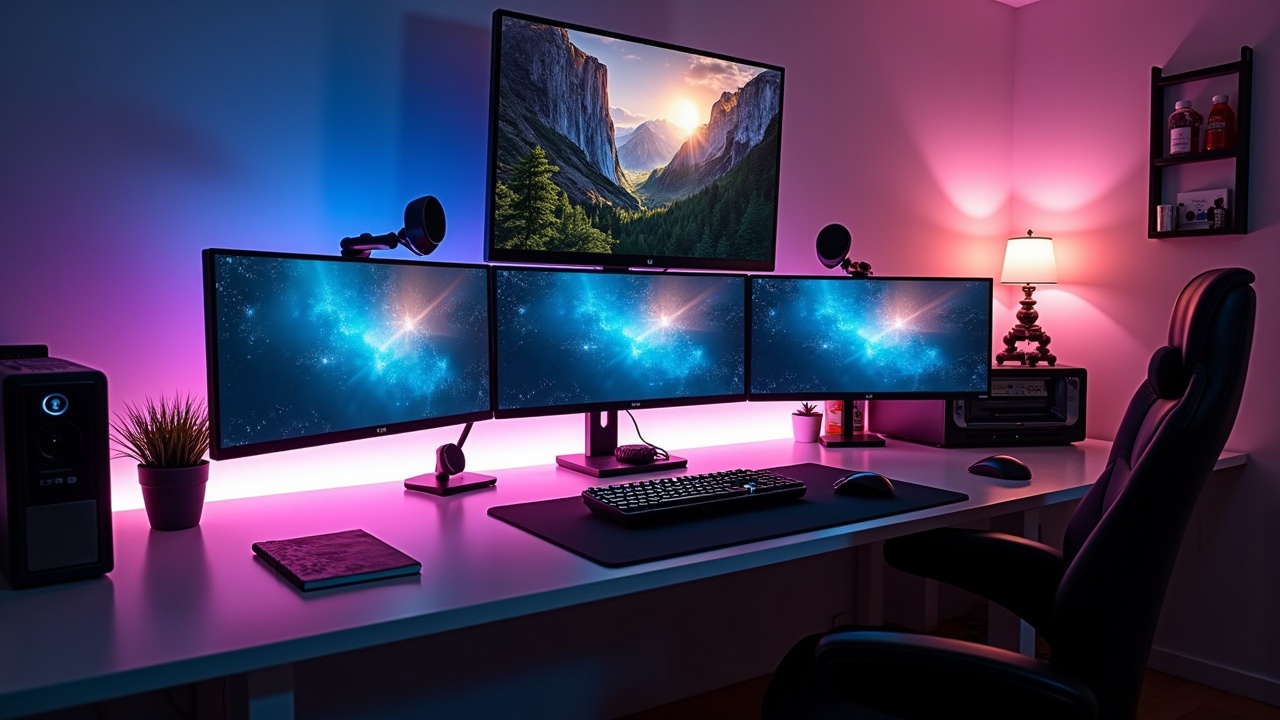 a modern gaming and work computer setup with multiple monitors, LED lighting, and an ergonomic chair.