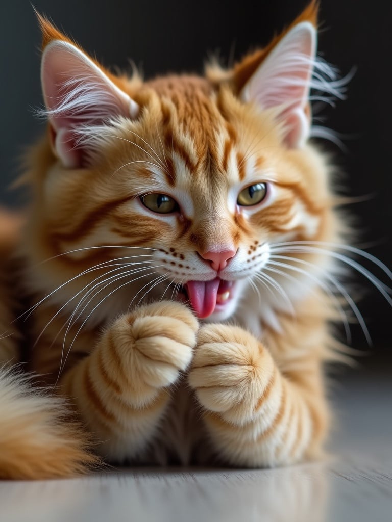 A Maine Coon kitten purring while cleaning her fur with her tongue. The kitten is fluffy with bright orange stripes. She is lying on a light-colored surface. The background is softly blurred to emphasize the kitty. An expression of contentment appears on her face.