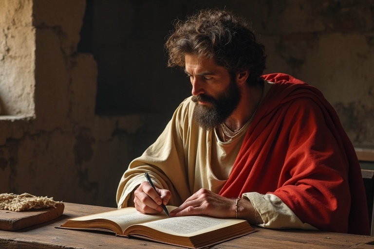 Paul the apostle sitting at a wooden desk. Paul is immersed in writing an epistle. The setting is an ancient room with a stone wall. Natural light falls on Paul and the pages. Paul wears a simple robe and a red cloak. A loaf of bread is on the desk.