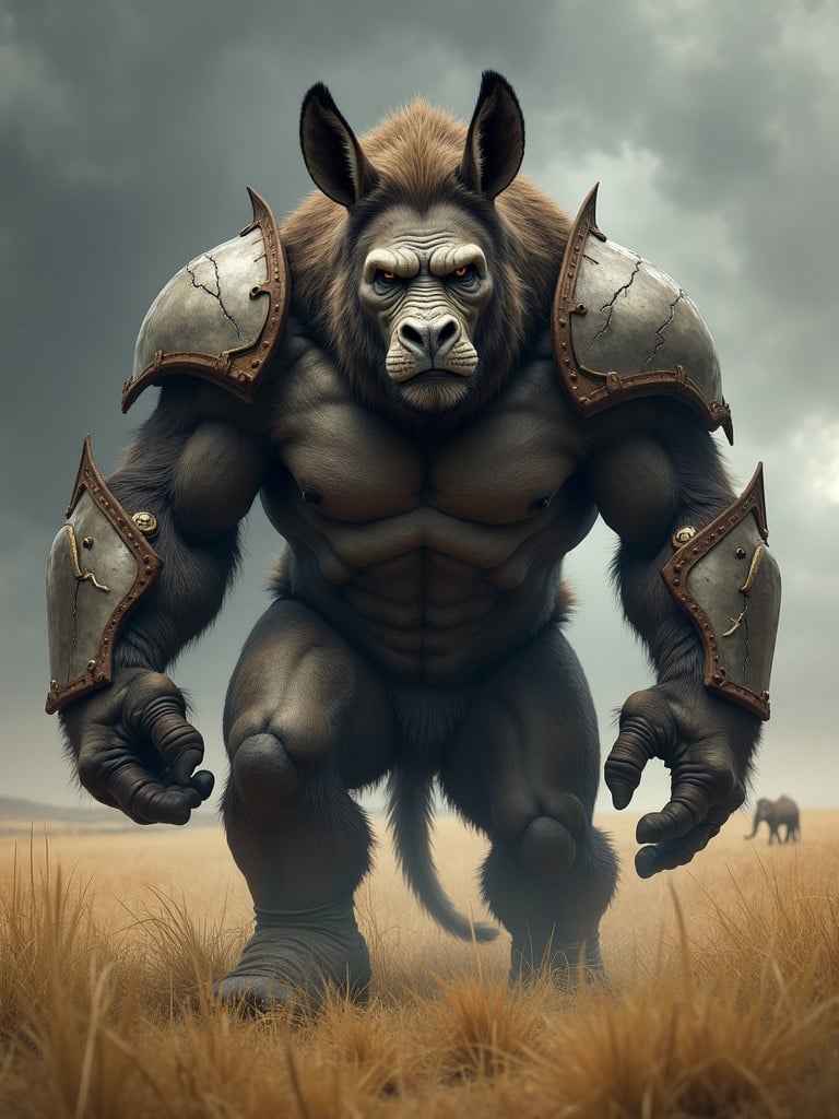 Hybrid creature combines a donkey and gorilla. Design includes a muscular body with thick armor. Features a fierce lion expression. Includes a rhino horn. Creature displays sharp fangs and lightning eyes. Body is bulky with a sharp tail. Mane integrated into armored plates. Background showcases a stormy savanna.