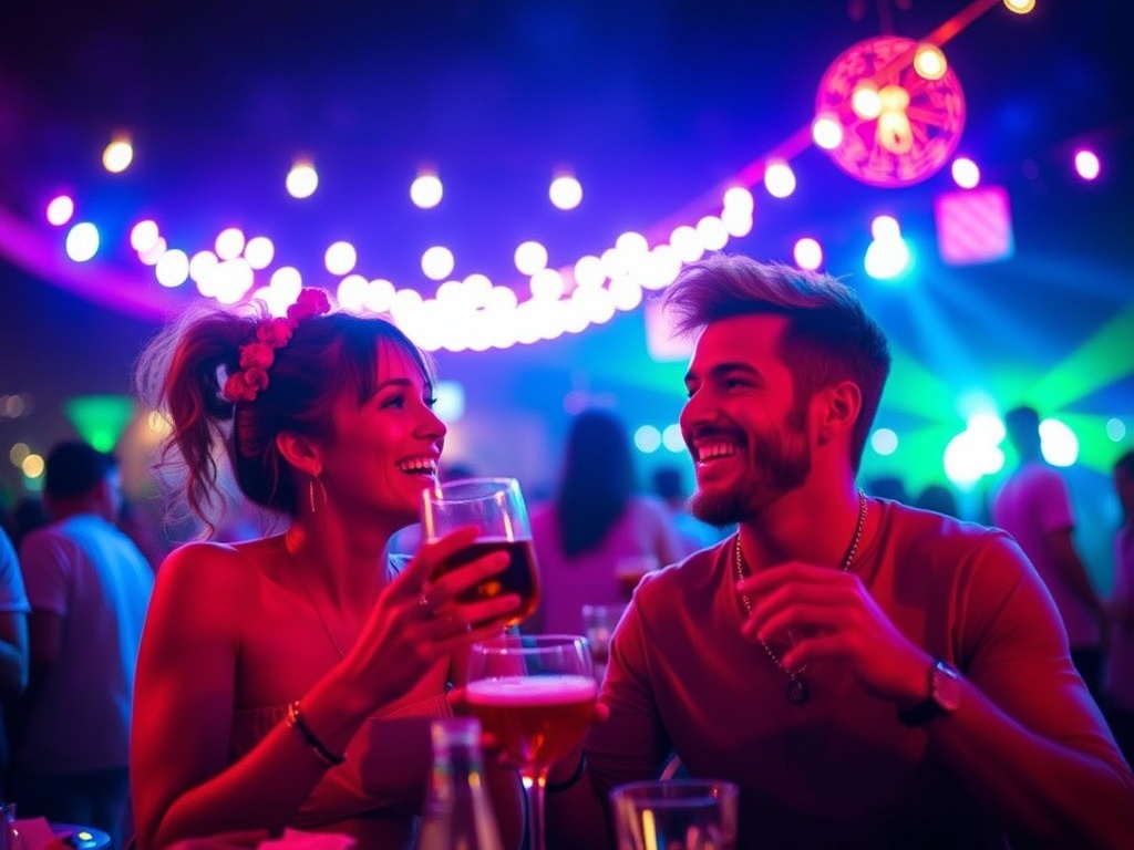 A joyful couple smiling and enjoying drinks under vibrant neon lights at a lively festival.