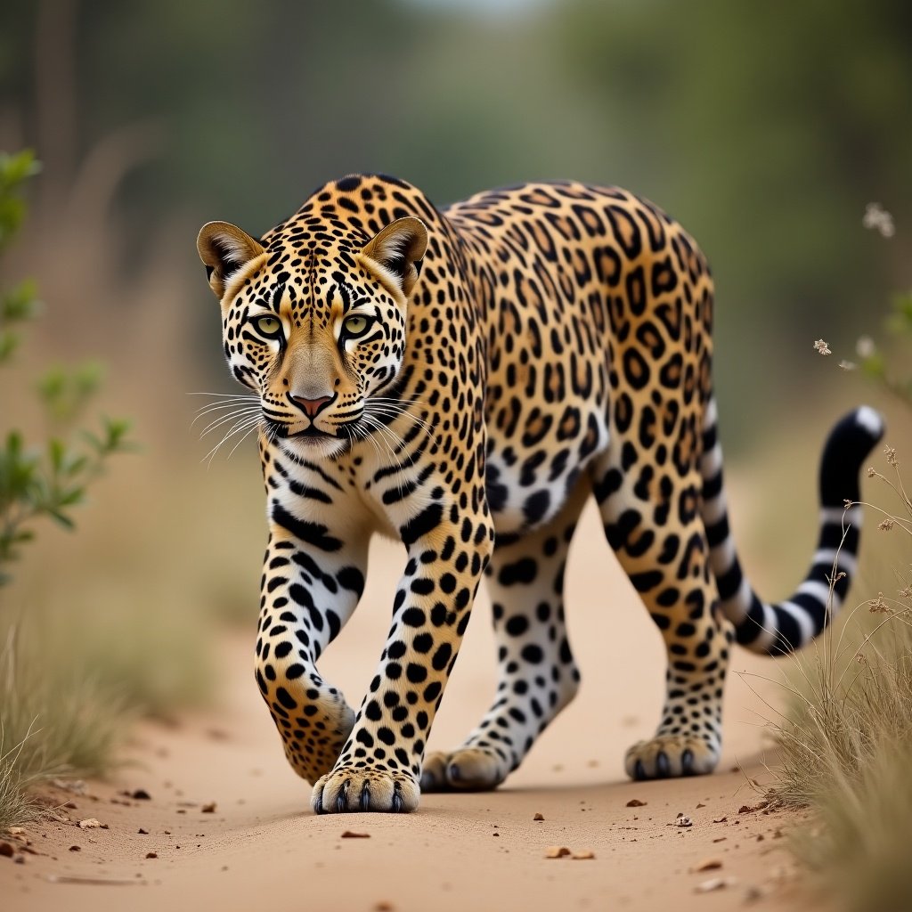 A leopard walking forward on a dirt path. The animal exhibits a strong and graceful posture. The background is blurred with greenery. The leopard's fur is richly patterned with black rosettes on a golden background.