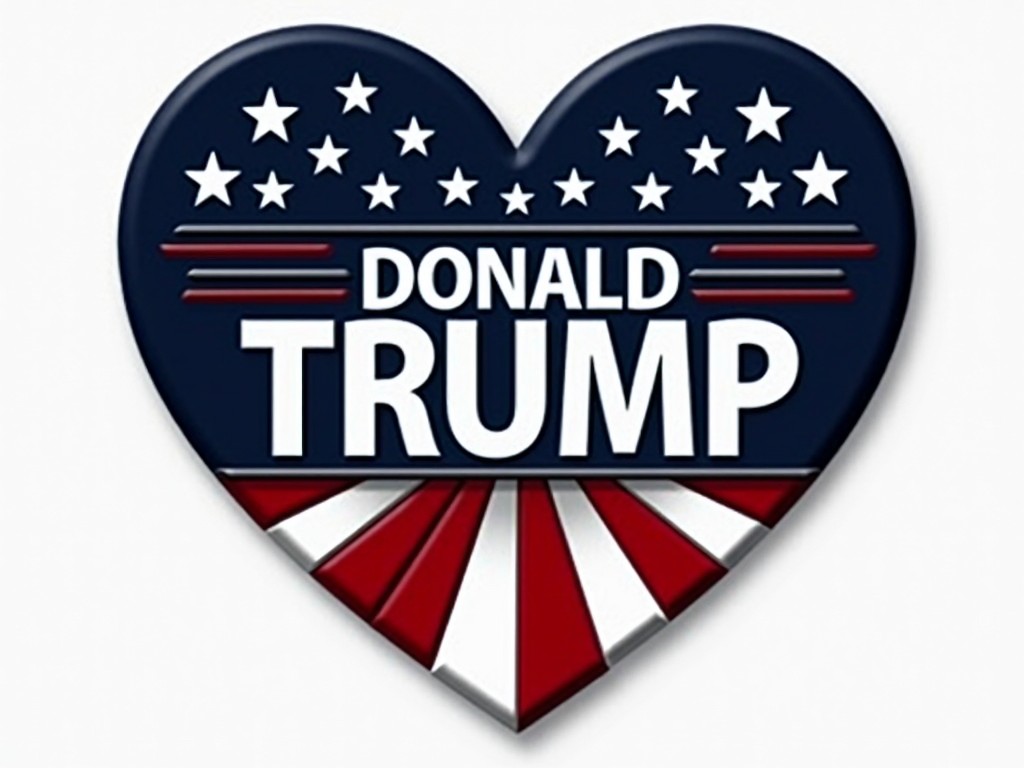 This image features a heart-shaped design incorporating elements of the American flag. The heart is predominantly dark blue with white stars at the top, reminiscent of the flag's star field. Below, the text 'DONALD TRUMP' is prominently displayed in bold white letters. At the bottom, red and white stripes fan out, evoking the stripes of the flag. The design has a straightforward, patriotic theme.