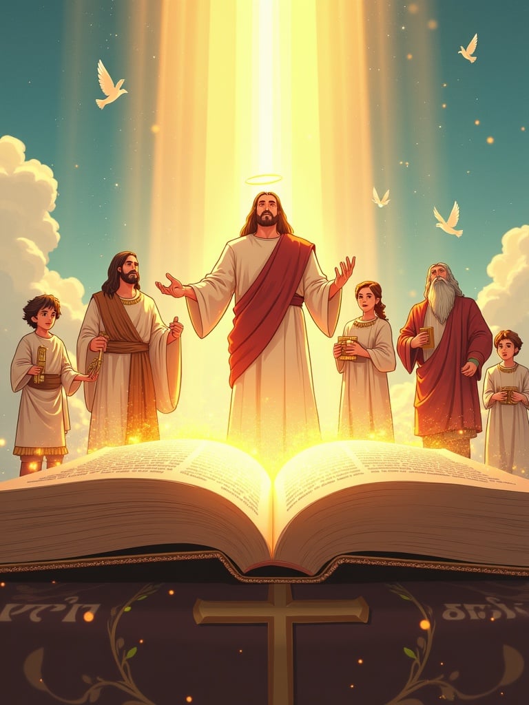 Hyperrealistic anime-style depiction of a glowing open Bible on a pedestal. Golden light radiates from the pages. Characters from the Bible step forward: David with sling and harp, Daniel holding a scroll, Samson flexing strength, Moses with a glowing staff and commandments, Esther in royal attire, Noah with model ark. Jesus at the center with open arms. Celestial sky background and sparks of light. Low-angle shot makes characters feel larger than life. Bible has golden cross and scripture verses.