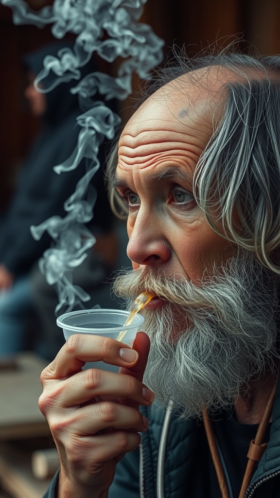 A bearded man with a plastic cup and rising smoke emphasizes a contemplative scene.