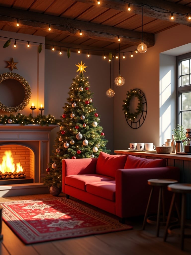 Cozy Christmas coffee shop with inviting decor. A red sofa is placed next to a crackling fireplace. A beautifully decorated Christmas tree stands nearby. There is a charming coffee bar with wooden stools and a coffee machine. The room is lit with warm LED lights creating a magical atmosphere.