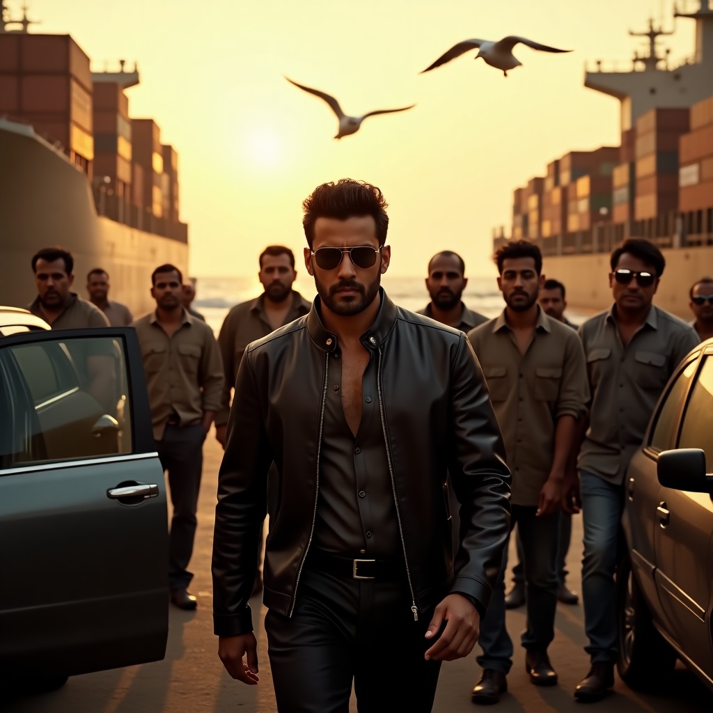 A powerful scene at a bustling harbor at twilight. Ajith Kumar, in a sleek leather jacket, exits a luxury car, exuding charisma and command. His sharp features are highlighted by the golden hues of the setting sun. Around him, dockworkers pause to stare, as his loyal crew forms a protective semicircle. Cargo ships and shipping containers create a gritty backdrop, while seagulls circle overhead.