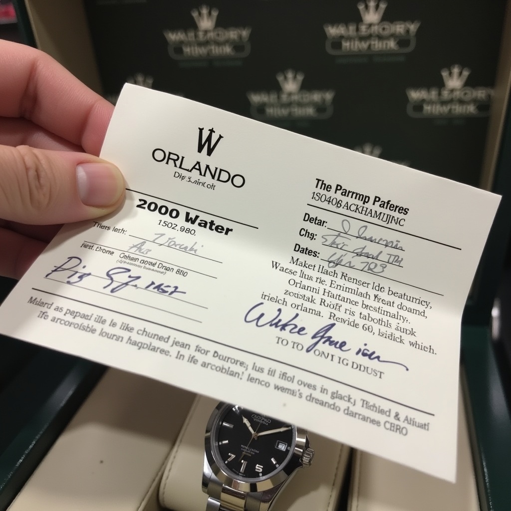 A receipt from the Watch Factory showroom for an Orlando watch priced at 2000 taka. The receipt includes information such as the seller, date, and product details.