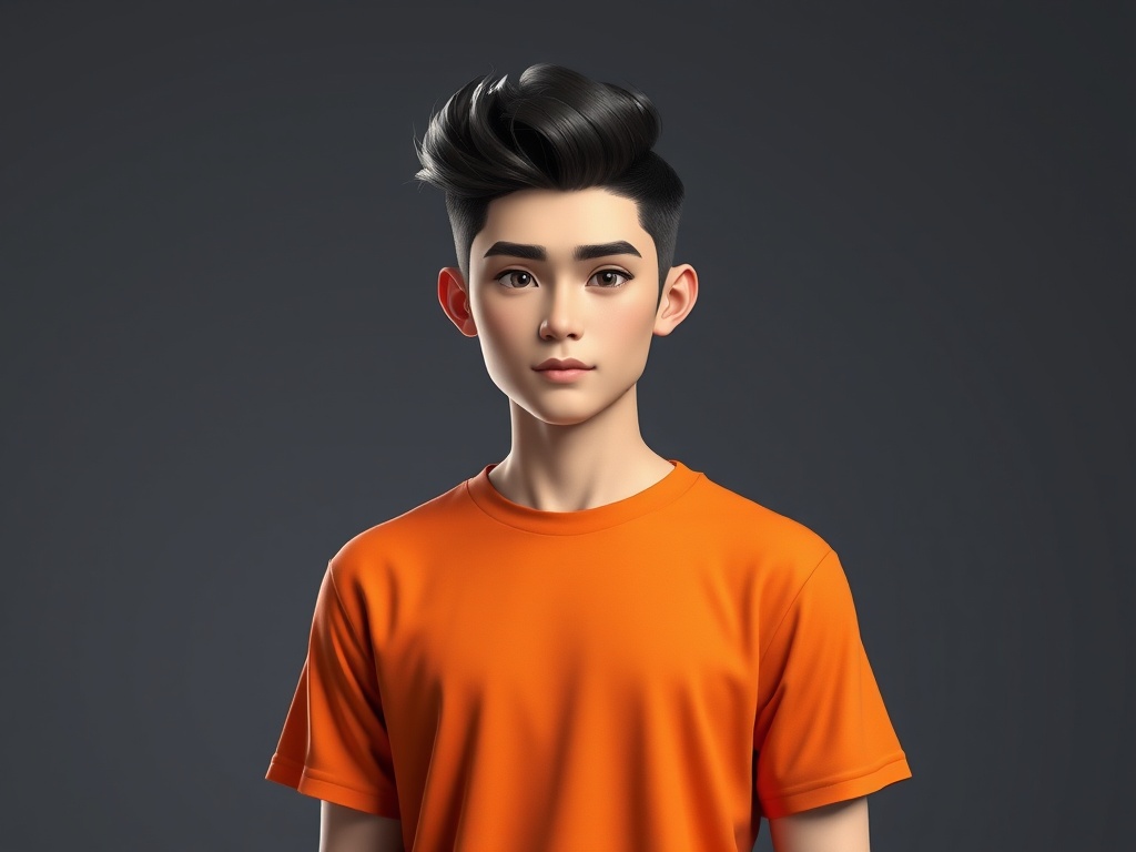 A digital portrait of a young person with stylized features and an orange shirt, set against a neutral background.