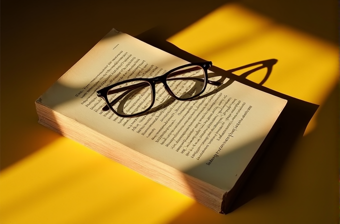 A pair of glasses rest on a book, illuminated by warm sunlight casting distinct shadows.