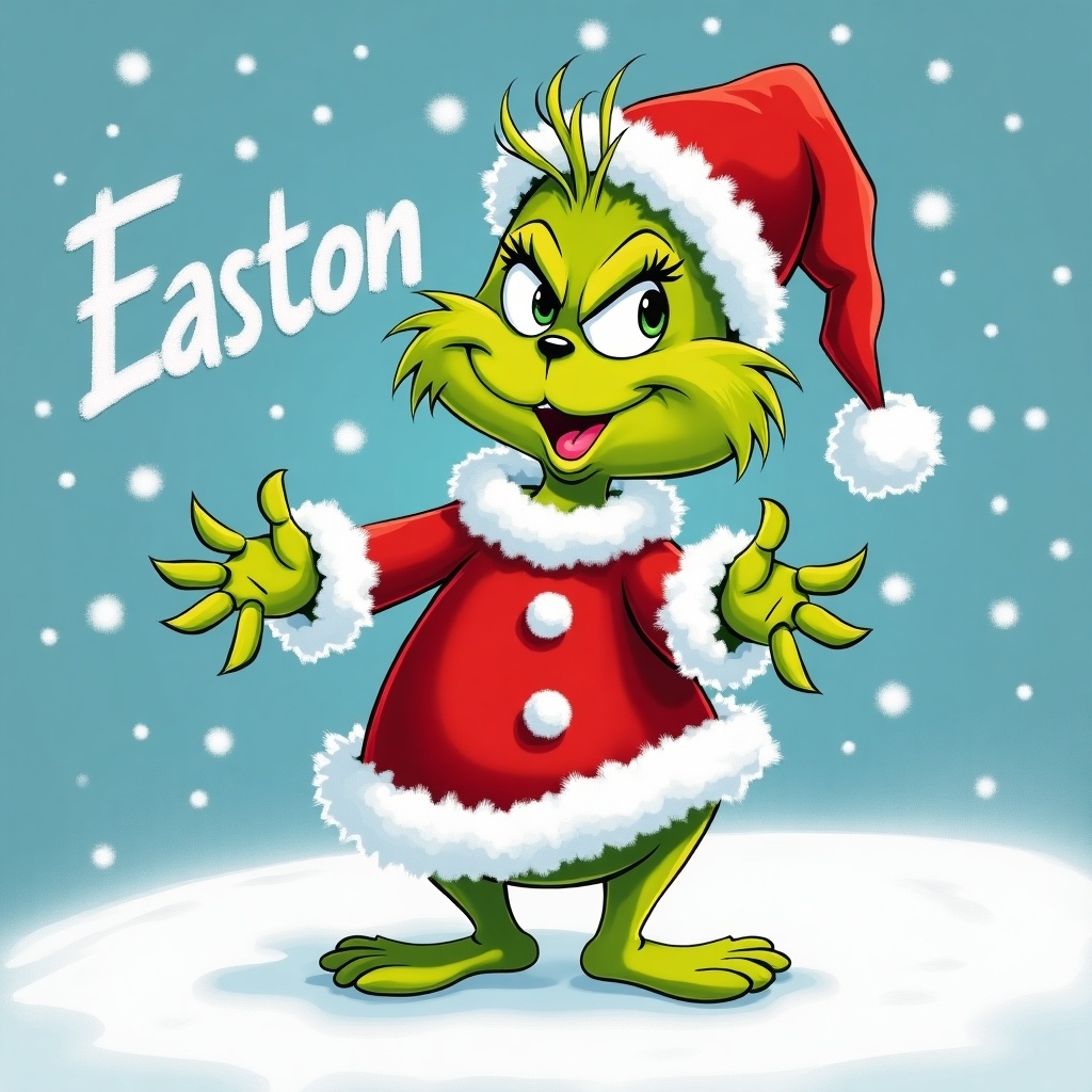 Grinch character wears Santa outfit. He writes 'Easton' in snow. Background has falling snowflakes. Bright colors emphasize green Grinch against red and white attire.