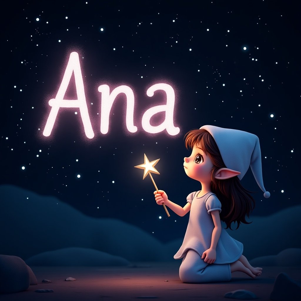 Girl elf uses a wand to write the name Ana in sparkling text. Starry night sky with dark background highlights white and light pink letters. Scene feels magical and whimsical.