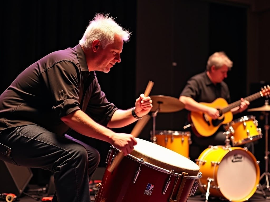 The scene features a lively music performance. A man with silver hair is crouched slightly, vigorously playing a large drum. He is wearing a black shirt and dark jeans, focused on his drumming. In the background, another musician strums an acoustic guitar, looking concentrated and engaged. The stage is dimly lit, highlighting the performers with warm spotlights. Additional instruments can be seen, including a yellow drum set nearby. This setup conveys a vibrant and energetic atmosphere, typical of a live music event.